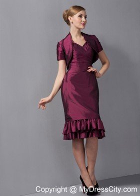 Burgundy Column Straps Knee-length Taffeta Ruched Hem Mother Of The Bride Dress