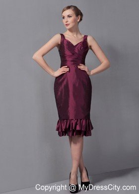 Burgundy Column Straps Knee-length Taffeta Ruched Hem Mother Of The Bride Dress