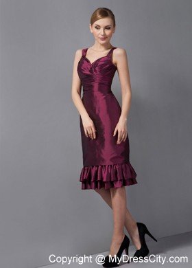 Burgundy Column Straps Knee-length Taffeta Ruched Hem Mother Of The Bride Dress