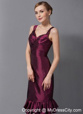 Burgundy Column Straps Knee-length Taffeta Ruched Hem Mother Of The Bride Dress