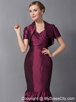 Burgundy Column Straps Knee-length Taffeta Ruched Hem Mother Of The Bride Dress