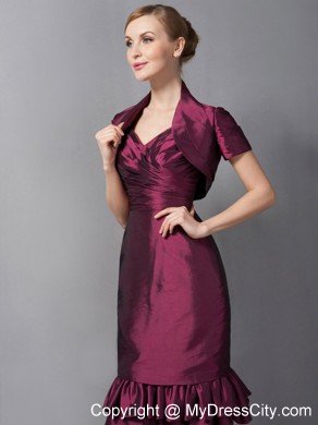 Burgundy Column Straps Knee-length Taffeta Ruched Hem Mother Of The Bride Dress