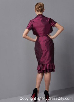 Burgundy Column Straps Knee-length Taffeta Ruched Hem Mother Of The Bride Dress