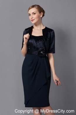 Black Column Strapless Knee-length Mother Of The Bride Dress with Flower Sash and Jacket