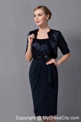 Black Column Strapless Knee-length Mother Of The Bride Dress with Flower Sash and Jacket