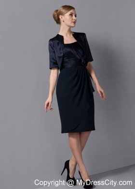 Black Column Strapless Knee-length Mother Of The Bride Dress with Flower Sash and Jacket