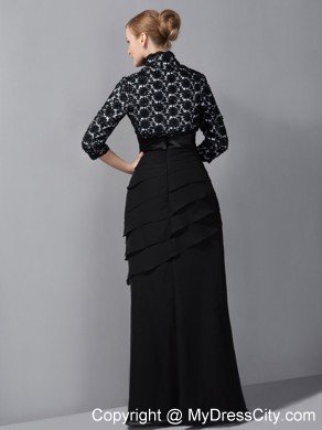 Black Column Floor-length Chiffon Appliques Decorate Mother Of The Bride Dress with Jacket