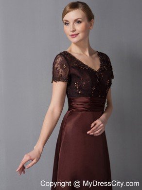 Burgundy Column V-neck Ankle-length Mother Of The Bride Dress with Beading and Diamond