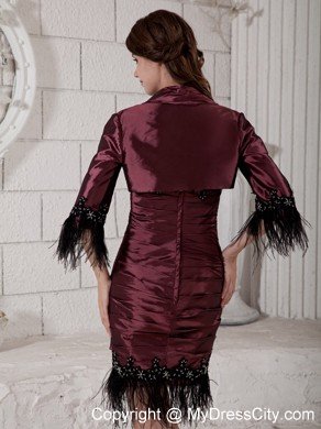 Burgundy Knee-length Taffeta Rhinestones and Fringe Decorate Mothers Dresses with Jacket