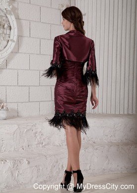 Burgundy Knee-length Taffeta Rhinestones and Fringe Decorate Mothers Dresses with Jacket