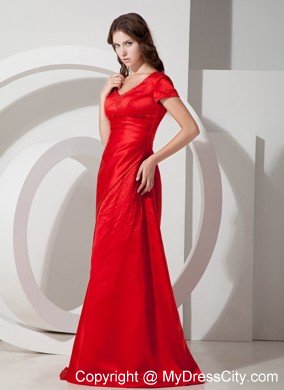 Red Column Sheath Scoop Taffeta Floor-length Mother of the Bride Dress with Short Sleeves