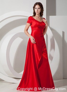 Red Column Sheath Scoop Taffeta Floor-length Mother of the Bride Dress with Short Sleeves