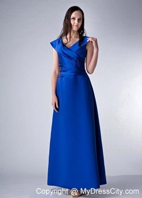 Royal Blue Column V-neck Ankle-length Satin Ruched Bodice Mother Of The Bride Dress