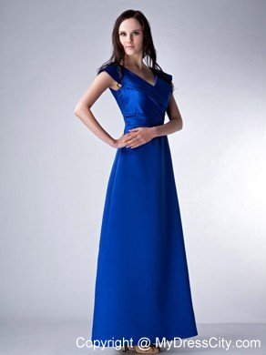 Royal Blue Column V-neck Ankle-length Satin Ruched Bodice Mother Of The Bride Dress