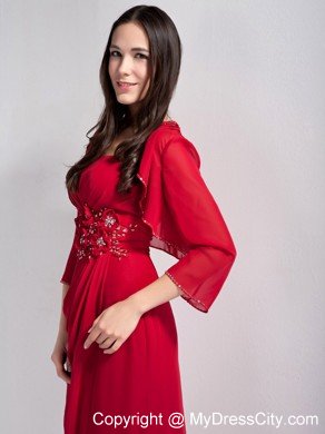 Strapless Red Floor-length Chiffon Beading and flower Decorate Mother Dress with Jacket