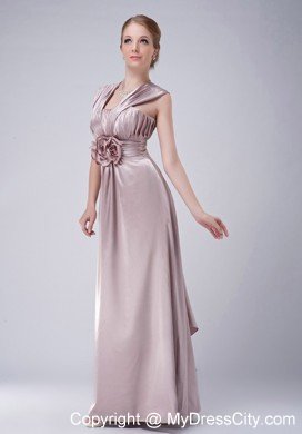 Straps Empire V-neck Floor-length Taffeta Wedding Guest Dres with Hand Made Flowers