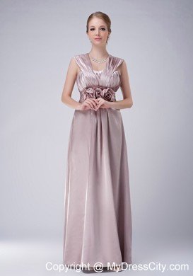 Straps Empire V-neck Floor-length Taffeta Wedding Guest Dres with Hand Made Flowers