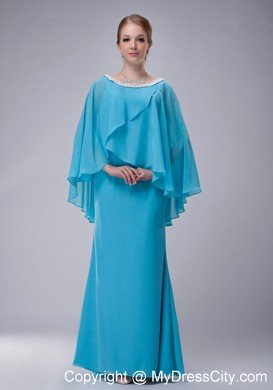 Aqua Blue Column Scoop Butterfly Sleeves Mother Of The Bride Dress with Beaded Hem