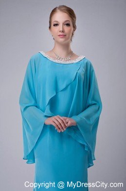 Aqua Blue Column Scoop Butterfly Sleeves Mother Of The Bride Dress with Beaded Hem