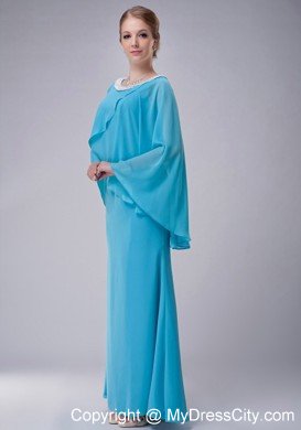 Aqua Blue Column Scoop Butterfly Sleeves Mother Of The Bride Dress with Beaded Hem