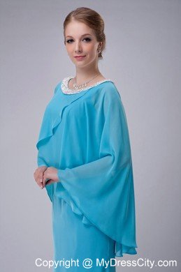 Aqua Blue Column Scoop Butterfly Sleeves Mother Of The Bride Dress with Beaded Hem