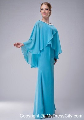 Aqua Blue Column Scoop Butterfly Sleeves Mother Of The Bride Dress with Beaded Hem