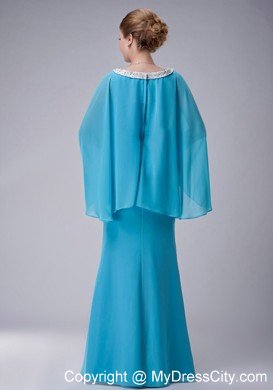 Aqua Blue Column Scoop Butterfly Sleeves Mother Of The Bride Dress with Beaded Hem