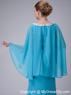 Aqua Blue Column Scoop Butterfly Sleeves Mother Of The Bride Dress with Beaded Hem