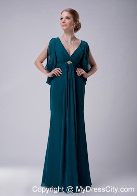 Turquoise Empire V-neck Floor-length Beading Decorate Mother Dress with Butterfly Sleeves