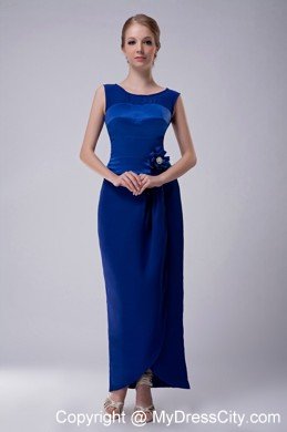 Blue Column Bateau Ankle-length Hand Made Flower Decorate Mother Of The Bride Dress