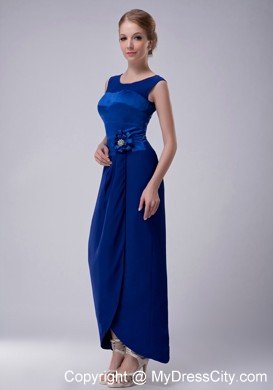 Blue Column Bateau Ankle-length Hand Made Flower Decorate Mother Of The Bride Dress