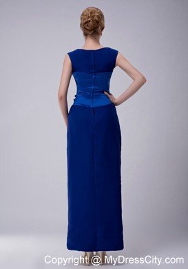 Blue Column Bateau Ankle-length Hand Made Flower Decorate Mother Of The Bride Dress