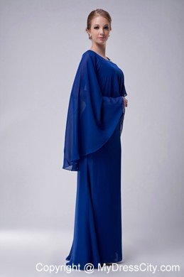 Blue Column Scoop Floor-length Chiffon Appliques Mothers Dresses with Butterfly Sleeves