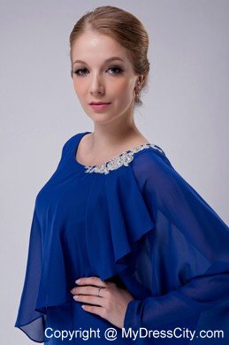 Blue Column Scoop Floor-length Chiffon Appliques Mothers Dresses with Butterfly Sleeves