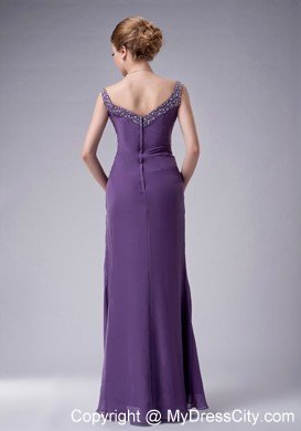 Purple Straps Floor-length Chiffon Ruched and Beaded Mothers Dresses with Jacket