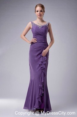 Purple Straps Floor-length Chiffon Ruched and Beaded Mothers Dresses with Jacket