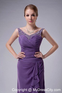 Purple Straps Floor-length Chiffon Ruched and Beaded Mothers Dresses with Jacket