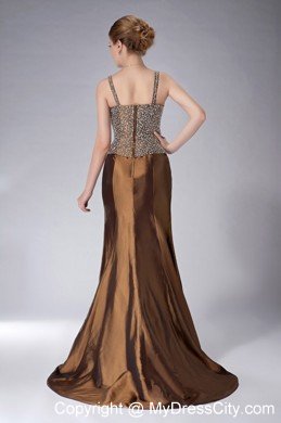 Brown Mermaid Straps Brush Train Taffeta Mother Of The Bride Dress with Beading