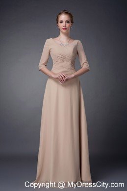 Champagne Empire V-neck Floor-length Beaded Chiffon Mother Dress with Half Sleeves