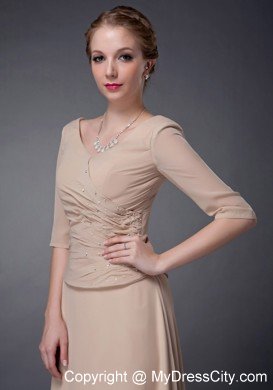 Champagne Empire V-neck Floor-length Beaded Chiffon Mother Dress with Half Sleeves