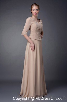 Champagne Empire V-neck Floor-length Beaded Chiffon Mother Dress with Half Sleeves