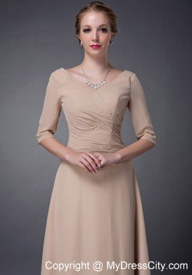 Champagne Empire V-neck Floor-length Beaded Chiffon Mother Dress with Half Sleeves