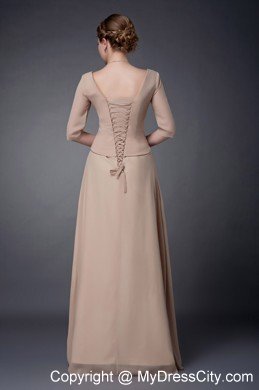 Champagne Empire V-neck Floor-length Beaded Chiffon Mother Dress with Half Sleeves