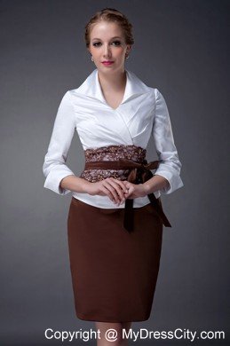 White and Brown Column V-neck Mini-length Taffeta Mother Dresses with Floral Sash