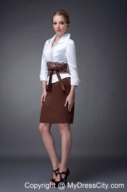 White and Brown Column V-neck Mini-length Taffeta Mother Dresses with Floral Sash