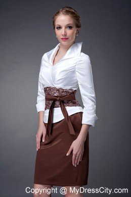 White and Brown Column V-neck Mini-length Taffeta Mother Dresses with Floral Sash