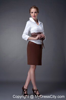 White and Brown Column V-neck Mini-length Taffeta Mother Dresses with Floral Sash