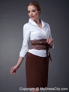 White and Brown Column V-neck Mini-length Taffeta Mother Dresses with Floral Sash