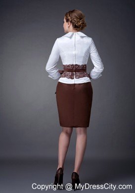 White and Brown Column V-neck Mini-length Taffeta Mother Dresses with Floral Sash