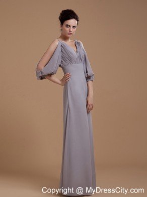 Floor-length Grey Wedding Outfits For Brides Mother with V-neck and 3 4 Length Sleeves